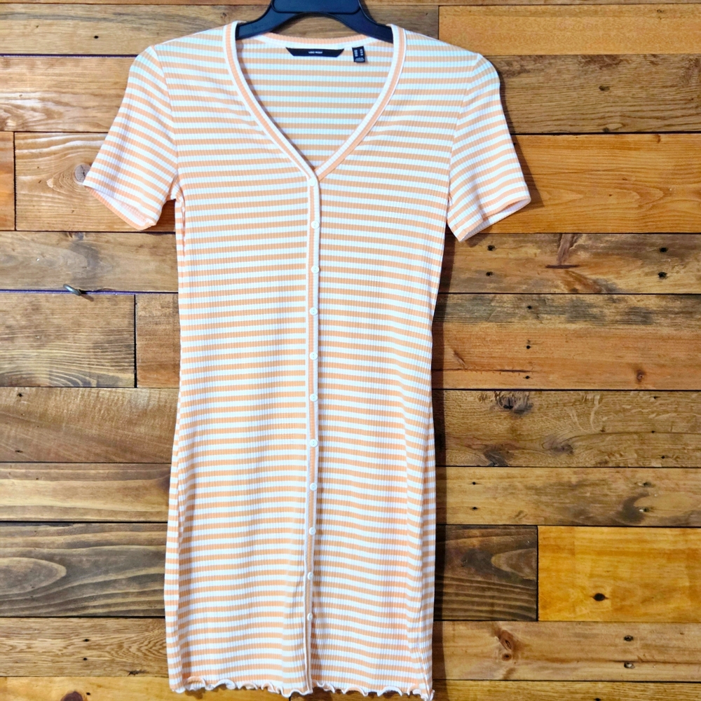 Vero Moda Striped Ribbed Knit Mini Dress Summer Button Front V Neck XS